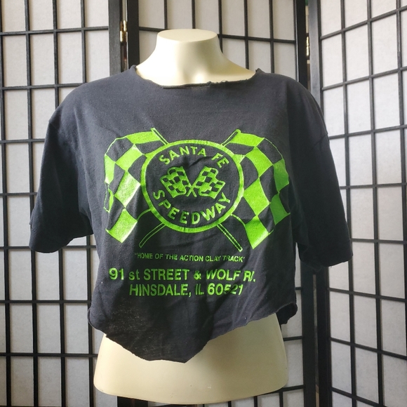 Tops - Vintage Santa Fe Speedway Custom Cropped Black Midriff T-shirt / Green on Black